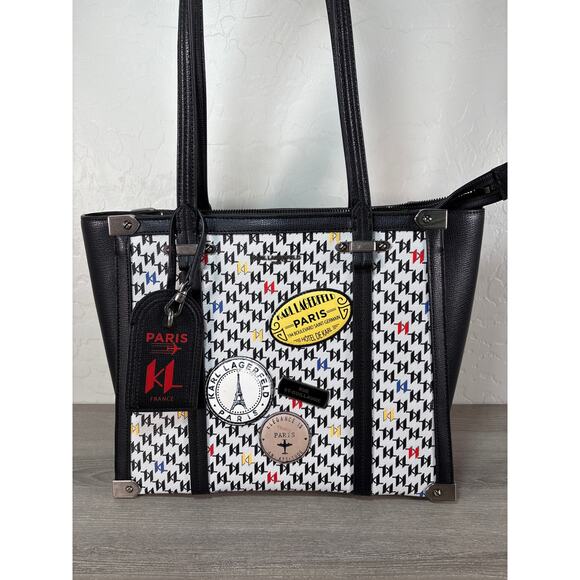 Karl Lagerfeld Paris Patches Marselle Large Shoulder Tote Bag Black White NWT - Picture 1 of 8